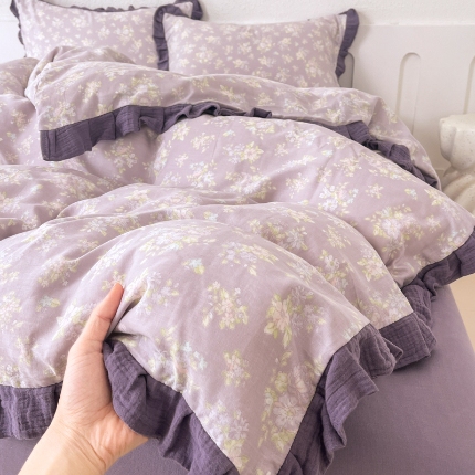 91家纺网 家纺一手货源 找家纺 （总）【苏东来】2025韩版木耳花边纯棉全棉双层纱四件套全棉纯棉小碎花印花四件套法式赫本公主风皱皱纱蕾丝花边四件套针织棉四件套件