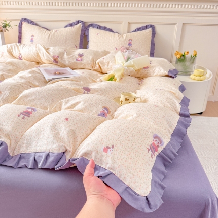 （总）【苏东来】2025韩版木耳花边纯棉全棉双层纱四件套全棉纯棉小碎花印花四件套法式赫本公主风皱皱纱蕾丝花边四件套针织棉四件套件