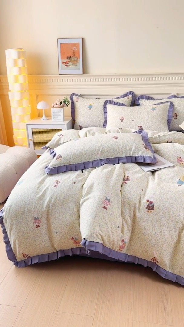 91家纺网 家纺一手货源 找家纺 （总）【苏东来】2025韩版木耳花边纯棉全棉双层纱四件套全棉纯棉小碎花印花四件套法式赫本公主风皱皱纱蕾丝花边四件套针织棉四件套件