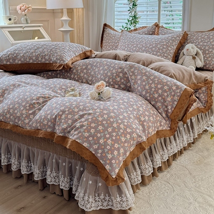 91家纺网 家纺一手货源 找家纺 （总）2025春夏新款复古印花小碎花针织棉双层纱夹棉床盖四件套