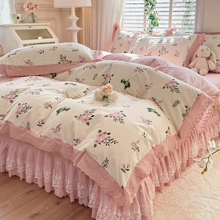 91家纺网 家纺一手货源 找家纺 （总）2025春夏新款复古印花小碎花针织棉双层纱夹棉床盖四件套