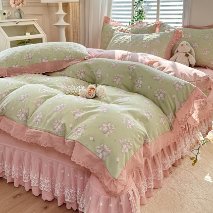 91家纺网 家纺一手货源 找家纺 （总）2025春夏新款复古印花小碎花针织棉双层纱夹棉床盖四件套