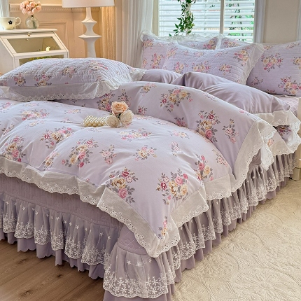 91家纺网 家纺一手货源 找家纺 （总）2025春夏新款复古印花小碎花针织棉双层纱夹棉床盖四件套