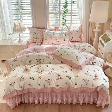 （总）2025春夏新款复古印花小碎花针织棉双层纱夹棉床盖四件套