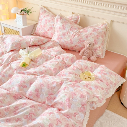 91家纺网 家纺一手货源 找家纺 （总）【苏东来】2025韩版蕾丝花边纯棉全棉双层纱四件套全棉纯棉小碎花印花四件套法式赫本公主风韩系皱皱纱花边四件套针织棉四件套件