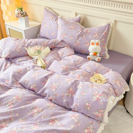 91家纺网 家纺一手货源 找家纺 （总）【苏东来】2025韩版蕾丝花边纯棉全棉双层纱四件套全棉纯棉小碎花印花四件套法式赫本公主风韩系皱皱纱花边四件套针织棉四件套件