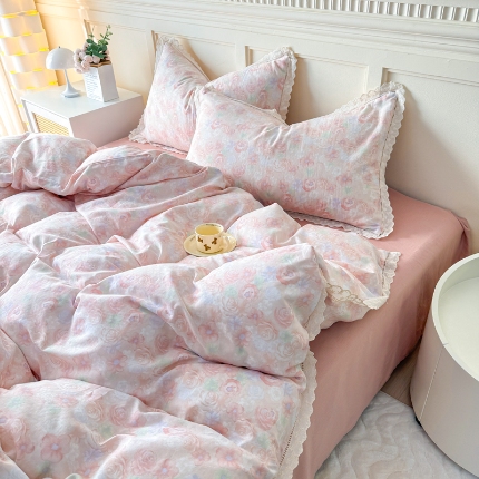 91家纺网 家纺一手货源 找家纺 （总）【苏东来】2025韩版蕾丝花边纯棉全棉双层纱四件套全棉纯棉小碎花印花四件套法式赫本公主风韩系皱皱纱花边四件套针织棉四件套件