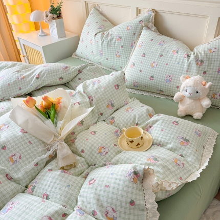 91家纺网 家纺一手货源 找家纺 （总）【苏东来】2025韩版蕾丝花边纯棉全棉双层纱四件套全棉纯棉小碎花印花四件套法式赫本公主风韩系皱皱纱花边四件套针织棉四件套件