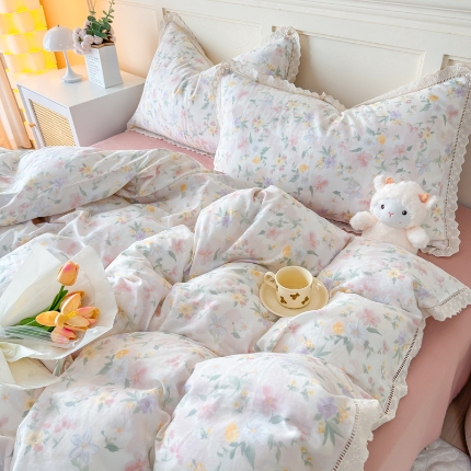 91家纺网 家纺一手货源 找家纺 （总）【苏东来】2025韩版蕾丝花边纯棉全棉双层纱四件套全棉纯棉小碎花印花四件套法式赫本公主风韩系皱皱纱花边四件套针织棉四件套件