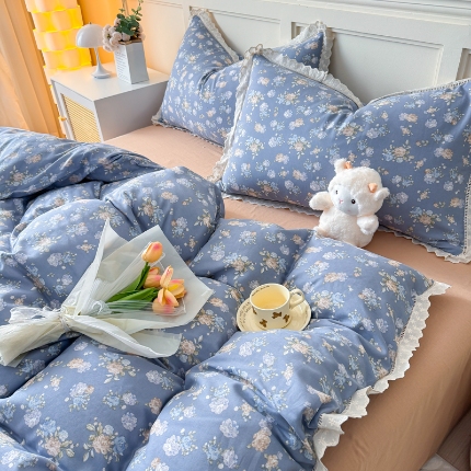 91家纺网 家纺一手货源 找家纺 （总）【苏东来】2025韩版蕾丝花边纯棉全棉双层纱四件套全棉纯棉小碎花印花四件套法式赫本公主风韩系皱皱纱花边四件套针织棉四件套件