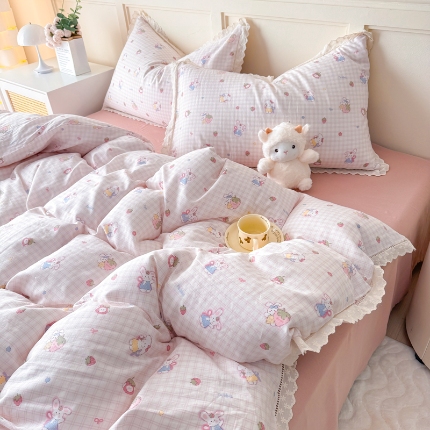 91家纺网 家纺一手货源 找家纺 （总）【苏东来】2025韩版蕾丝花边纯棉全棉双层纱四件套全棉纯棉小碎花印花四件套法式赫本公主风韩系皱皱纱花边四件套针织棉四件套件