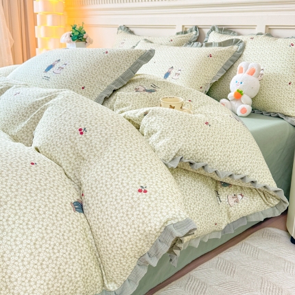 91家纺网 家纺一手货源 找家纺 （总）【苏东来】2025韩版木耳花边纯棉全棉双层纱四件套全棉纯棉小碎花印花四件套法式赫本公主风皱皱纱蕾丝花边四件套针织棉四件套件