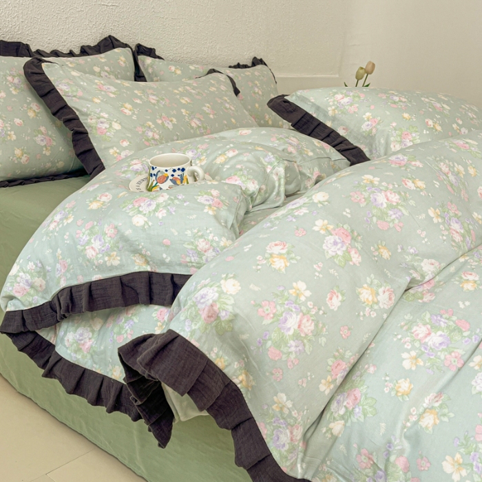 91家纺网 家纺一手货源 找家纺 （总）【苏东来】2025韩版木耳花边纯棉全棉双层纱四件套全棉纯棉小碎花印花四件套法式赫本公主风皱皱纱蕾丝花边四件套针织棉四件套件