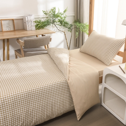91家纺网 家纺一手货源 找家纺 （总）2025新款简约无印风水洗棉四件套单双人被套日式格子床单被套三件套