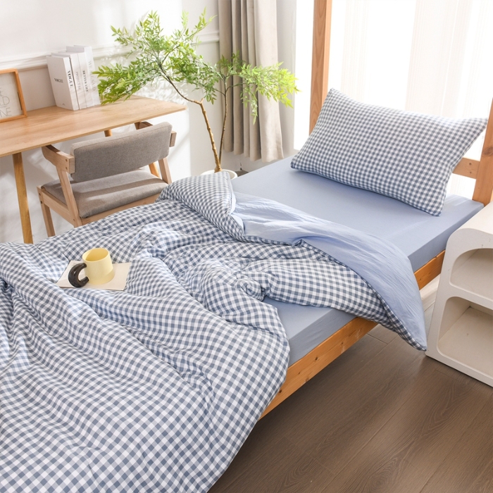 91家纺网 家纺一手货源 找家纺 （总）2025新款简约无印风水洗棉四件套单双人被套日式格子床单被套三件套