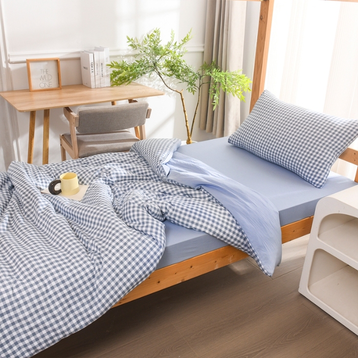 91家纺网 家纺一手货源 找家纺 （总）2025新款简约无印风水洗棉四件套单双人被套日式格子床单被套三件套