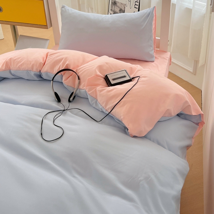 91家纺网 家纺一手货源 找家纺 （总）2025新款纯色双拼水洗棉床上四件套学生宿舍单人床单被套三件套