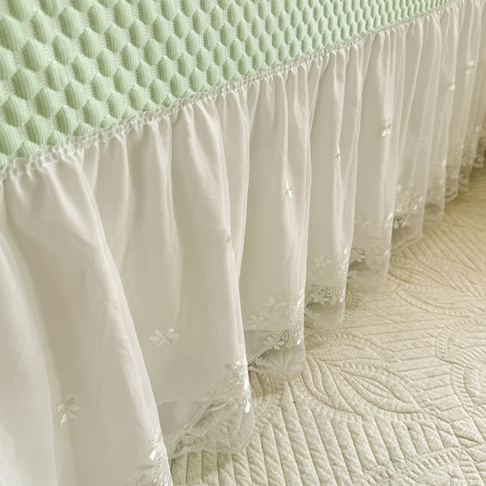 91家纺网 家纺一手货源 找家纺 漫布云2025新款凉豆豆纯色系床裙款床单款床盖床单凉席三件套蕾丝床盖款凉席三件套 冰豆豆--薄荷绿 