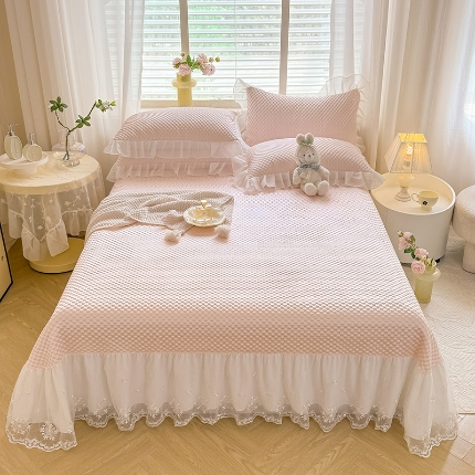 漫布云2026新款凉豆豆纯色系床裙款床单款床盖床单凉席三件套蕾丝床盖款凉席三件套 冰豆豆—元气粉