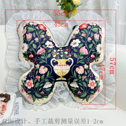 爱家居 2025新款荷兰绒双面数码印花蕾丝款蝴蝶系列抱枕 幽蓝花-蝴蝶