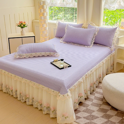 苏米娜2025甄选A类凉豆豆纯色系蕾丝花边床裙款床单款床盖床单凉席三件套蕾丝床盖款凉席三件套 唯爱-梦幻紫