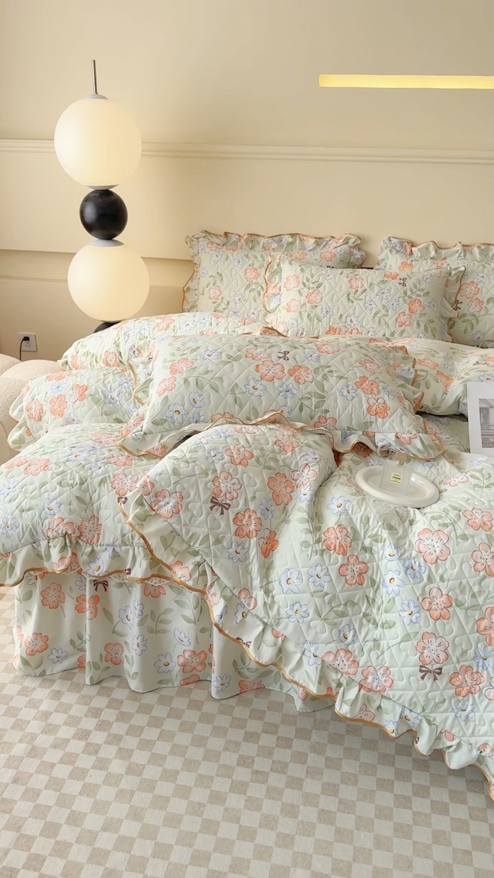 91家纺网 家纺一手货源 找家纺 （总）2025云朵棉多功能印花全夹棉床裙四件套 夹棉被套空调被蕾丝花边加棉床裙三件套枕套夏被单品