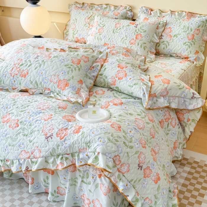 91家纺网 家纺一手货源 找家纺 （总）2025云朵棉多功能印花全夹棉床裙四件套 夹棉被套空调被蕾丝花边加棉床裙三件套枕套夏被单品