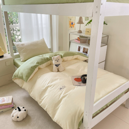 91家纺网 家纺一手货源 找家纺 （总）莱通家纺 2025春夏新款纯棉13372纯色双拼学生三件套六件套-商家提供买家秀