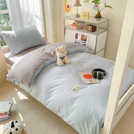 91家纺网 家纺一手货源 找家纺 （总）莱通家纺 2025春夏新款纯棉13372纯色双拼学生三件套六件套-商家提供买家秀