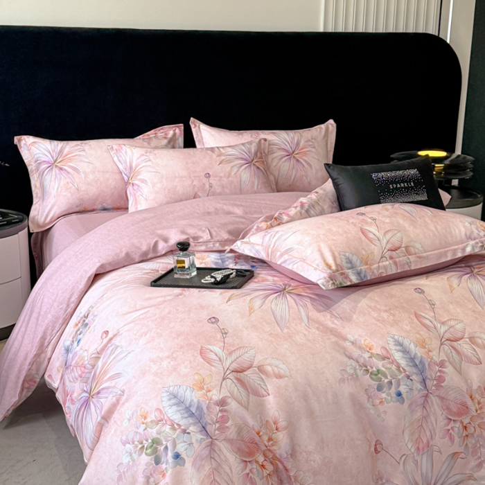 91家纺网 家纺一手货源 找家纺 2024新款全棉加厚长绒棉数码印花四件套 沫彩花韵粉 