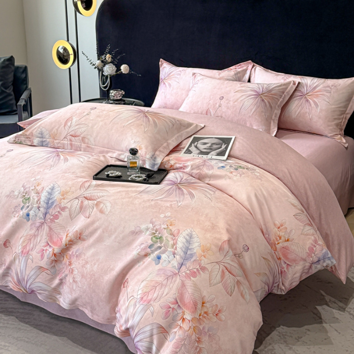 91家纺网 家纺一手货源 找家纺 2024新款全棉加厚长绒棉数码印花四件套 沫彩花韵粉 