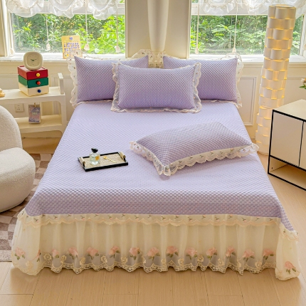 91家纺网 家纺一手货源 找家纺 苏米娜2025甄选A类凉豆豆纯色系蕾丝花边床裙款床单款床盖床单凉席三件套蕾丝床盖款凉席三件套  唯爱-婴儿蓝 