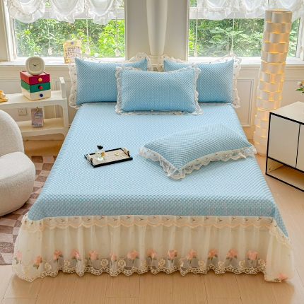 苏米娜2025甄选A类凉豆豆纯色系蕾丝花边床裙款床单款床盖床单凉席三件套蕾丝床盖款凉席三件套  唯爱-婴儿蓝 
