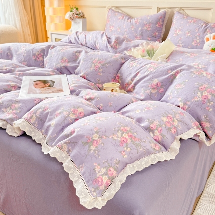 91家纺网 家纺一手货源 找家纺 （总）【苏东来】2025韩版蕾丝花边纯棉全棉双层纱四件套全棉纯棉小碎花印花四件套法式赫本公主风韩系皱皱纱花边四件套针织棉四件套件