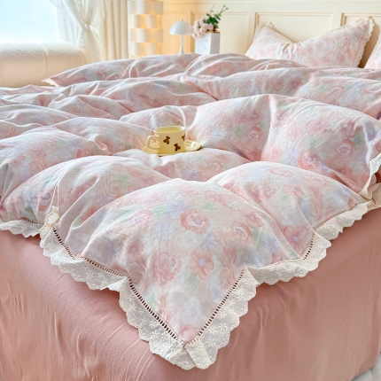 91家纺网 家纺一手货源 找家纺 （总）【苏东来】2025韩版蕾丝花边纯棉全棉双层纱四件套全棉纯棉小碎花印花四件套法式赫本公主风韩系皱皱纱花边四件套针织棉四件套件