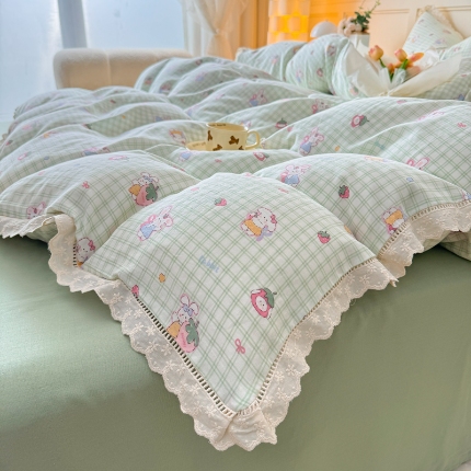 91家纺网 家纺一手货源 找家纺 （总）【苏东来】2025韩版蕾丝花边纯棉全棉双层纱四件套全棉纯棉小碎花印花四件套法式赫本公主风韩系皱皱纱花边四件套针织棉四件套件