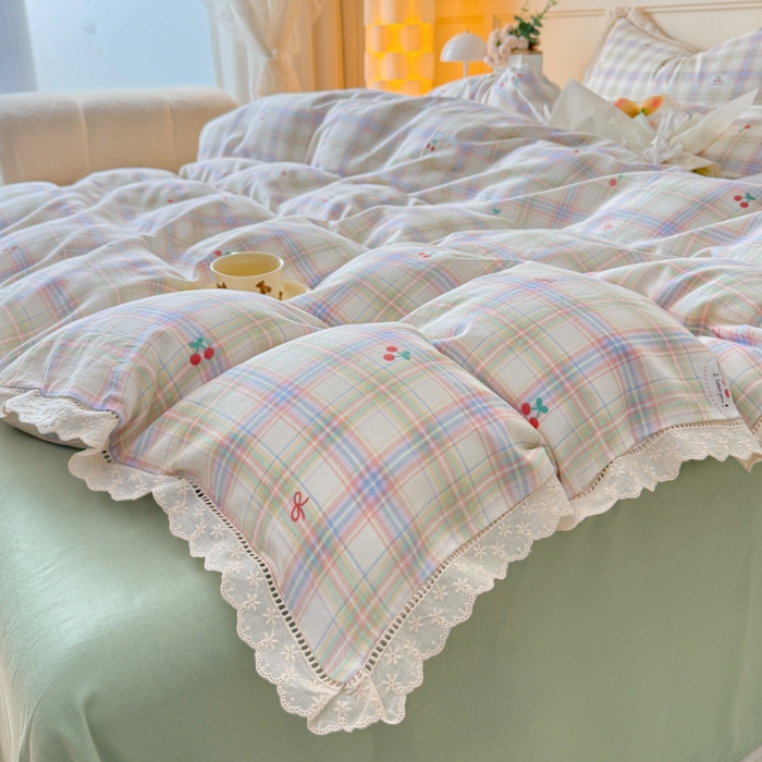 91家纺网 家纺一手货源 找家纺 （总）【苏东来】2025韩版蕾丝花边纯棉全棉双层纱四件套全棉纯棉小碎花印花四件套法式赫本公主风韩系皱皱纱花边四件套针织棉四件套件