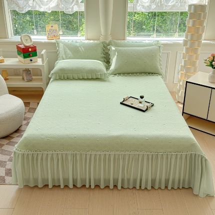 苏米娜 2025新款百分百中分子凉感席大版冰感床裙款凉席三件套  樱桃-薄荷绿 