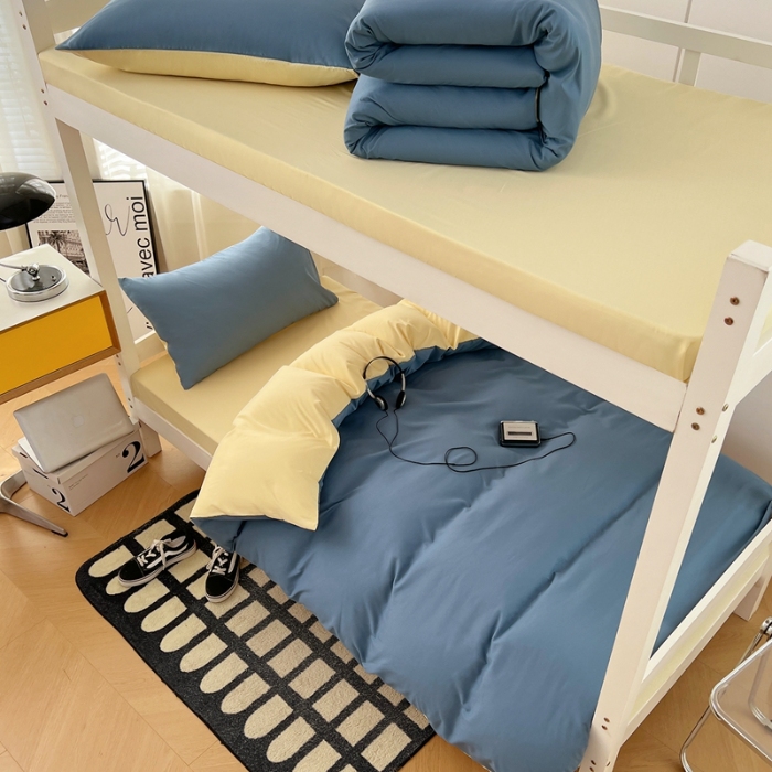 91家纺网 家纺一手货源 找家纺 （总）2025新款纯色双拼水洗棉大学生宿舍床上三件套被褥全套床品套件六件套