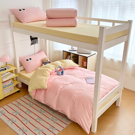 91家纺网 家纺一手货源 找家纺 （总）2025新款大眼睛毛巾绣纯色双拼水洗棉学生六件套多巴胺条纹大学生宿舍上下铺组合套装