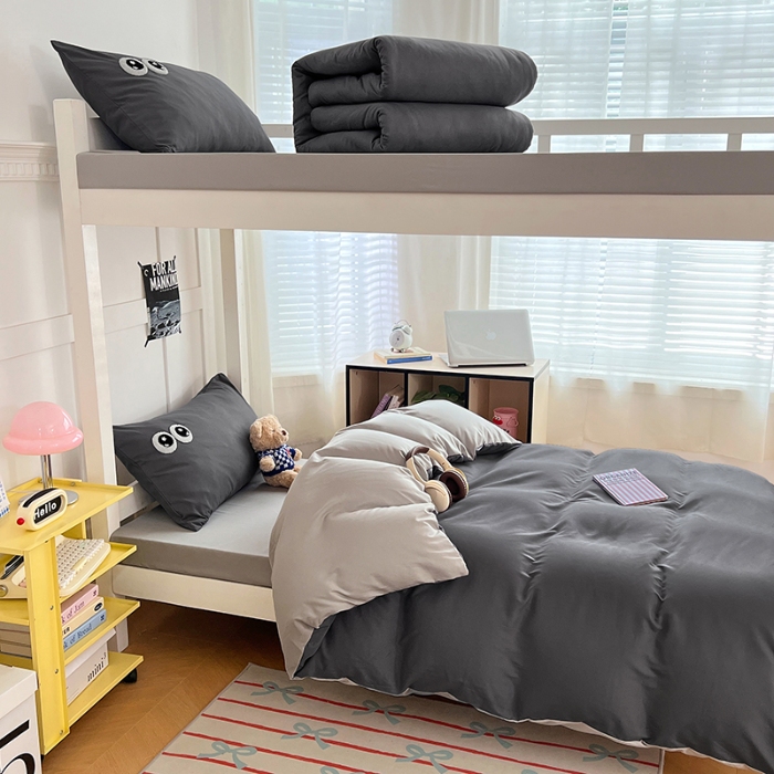 91家纺网 家纺一手货源 找家纺 （总）2025新款大眼睛毛巾绣纯色双拼水洗棉学生六件套多巴胺条纹大学生宿舍上下铺组合套装