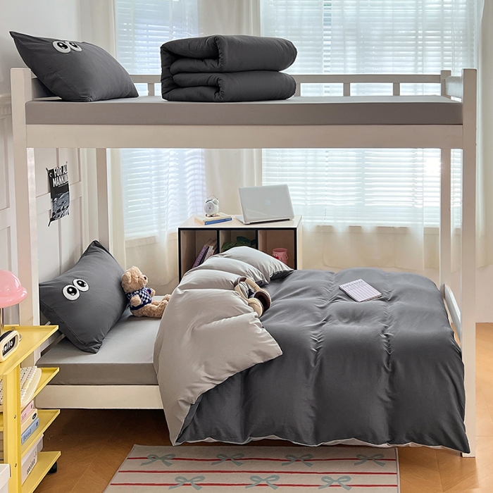 91家纺网 家纺一手货源 找家纺 （总）2025新款大眼睛毛巾绣纯色双拼水洗棉学生六件套多巴胺条纹大学生宿舍上下铺组合套装