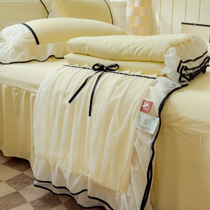 漫布云2025春夏韩版公主风小香风公主风水洗棉工艺款四件套法式蕾丝花边床裙款四件套 小香—嫩黄  