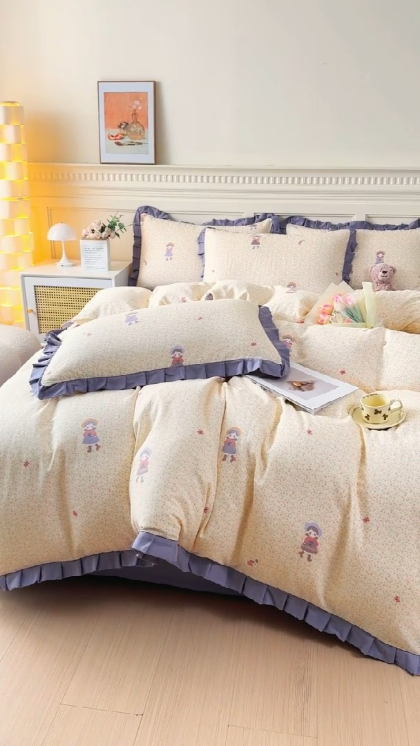 91家纺网 家纺一手货源 找家纺 （总）【苏东来】2025韩版木耳花边纯棉全棉双层纱四件套全棉纯棉小碎花印花四件套法式赫本公主风皱皱纱蕾丝花边四件套针织棉四件套件