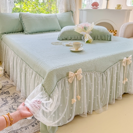 91家纺网 家纺一手货源 找家纺 （总）【苏东来】2025高端法式韩版公主花边PE高分子复合软凉席床裙款三件套纯色蕾丝花边豆豆床裙床单床盖冰丝凉席子三件套件空调席