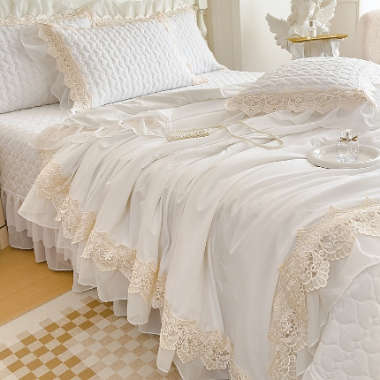 91家纺网 家纺一手货源 找家纺 （总）2025新款A类糯小棉法式蕾丝雪纺床盖三件套 夏季法式花边夏被四件套空调被夏凉被薄被子