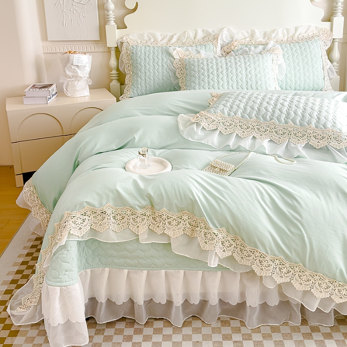 91家纺网 家纺一手货源 找家纺 （总）2025新款A类糯小棉法式蕾丝雪纺床盖三件套 夏季法式花边夏被四件套空调被夏凉被薄被子