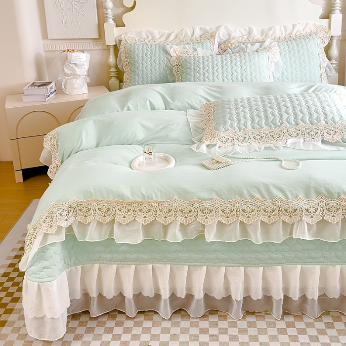 91家纺网 家纺一手货源 找家纺 （总）2025新款A类糯小棉法式蕾丝雪纺床盖三件套 夏季法式花边夏被四件套空调被夏凉被薄被子