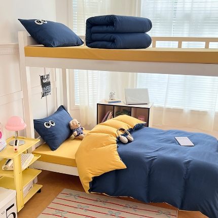 91家纺网 家纺一手货源 找家纺 （总）（总）2025新款学生季萌趣大眼睛毛巾绣纯色双拼水洗棉六件套大学生寝室上下铺组合套装