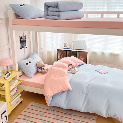 91家纺网 家纺一手货源 找家纺 （总）（总）2025新款学生季萌趣大眼睛毛巾绣纯色双拼水洗棉六件套大学生寝室上下铺组合套装